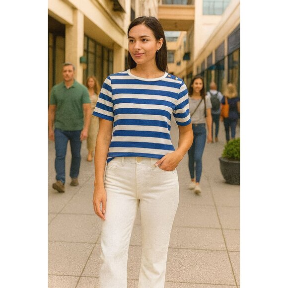 J.Crew Factory Short-Sleeve Striped Button-Shoulder Tee Women's Small Peri Blue - Picture 3 of 16